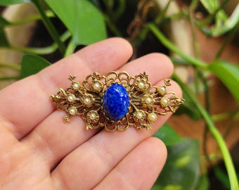 Vintage GOLD Tone FILIGREE Pearl Costume JEWELLERY Brooch