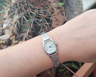 Vintage Timex Dainty Silver & Gold Classic Square Stretch Watch