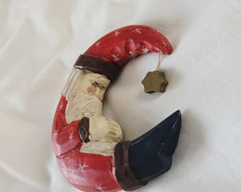 Adorno y tallado vintage para árbol de Navidad de invierno con forma de luna de Papá Noel, tallado a mano.