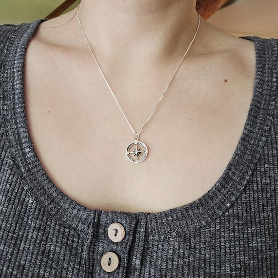 Solid 925 Sterling Silver Compass Necklace - image 1