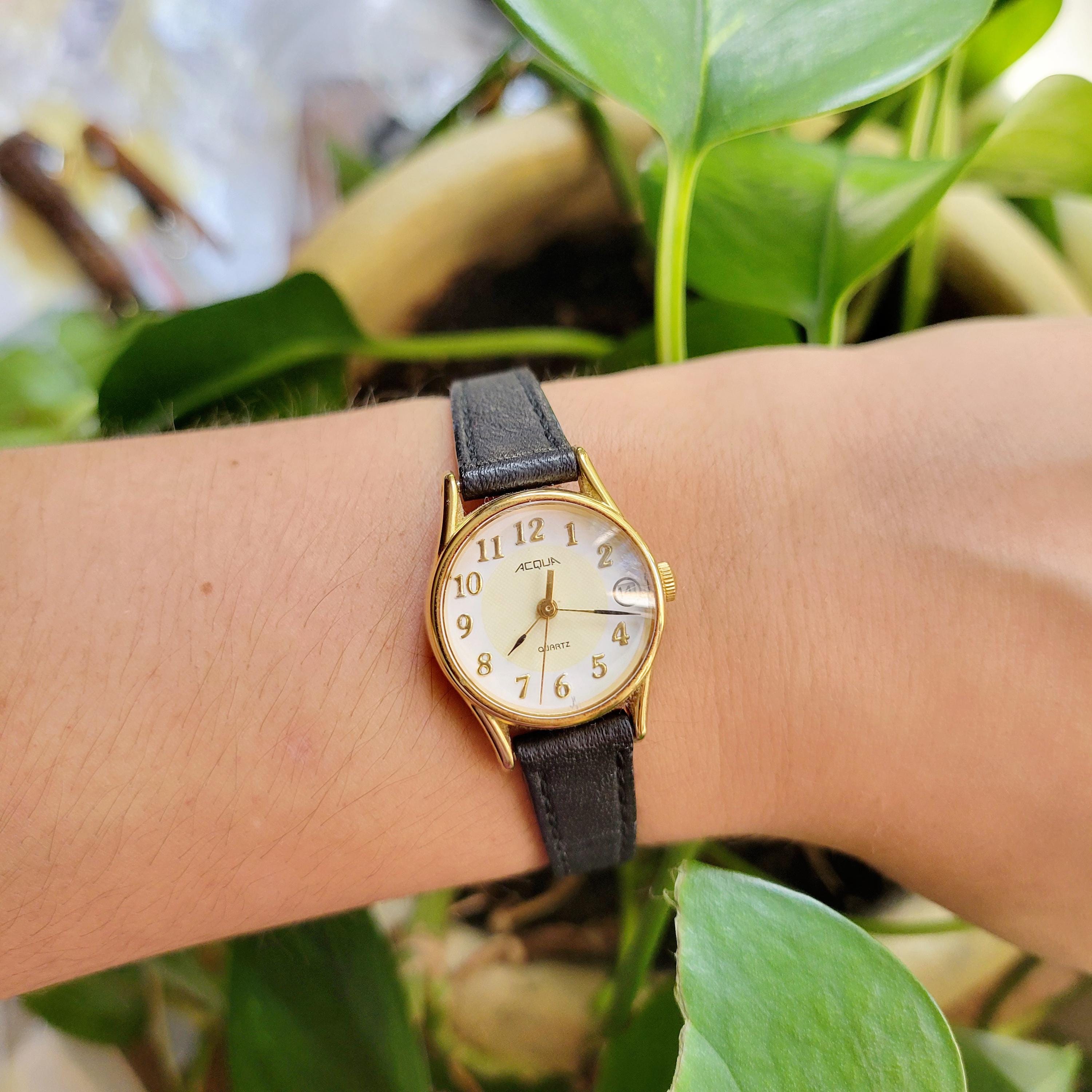Vintage Acqua Quartz Black & Gold Leather Watch - Etsy