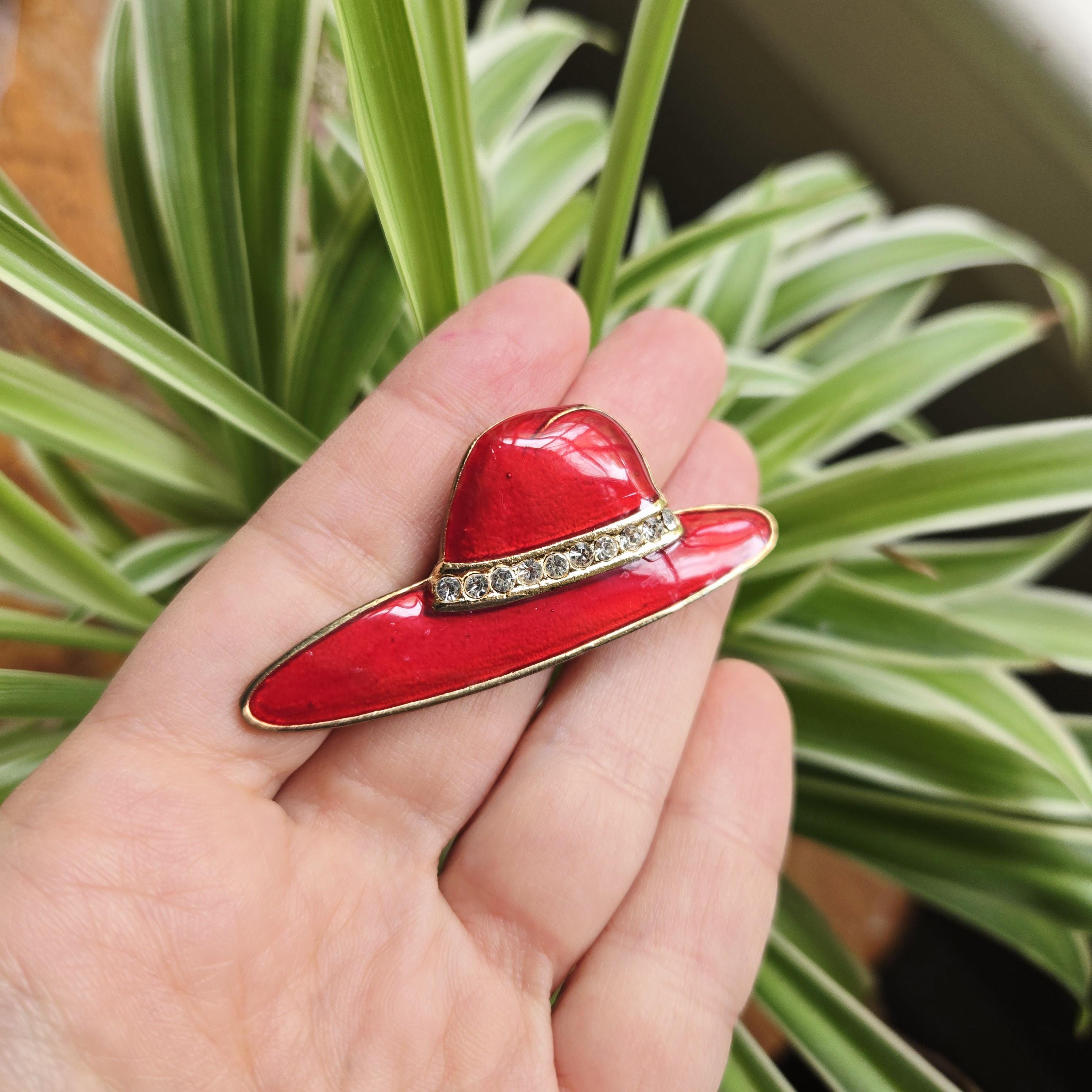 Vintage Red Enamel Hat Brooch Pin – Rhinestone Western 