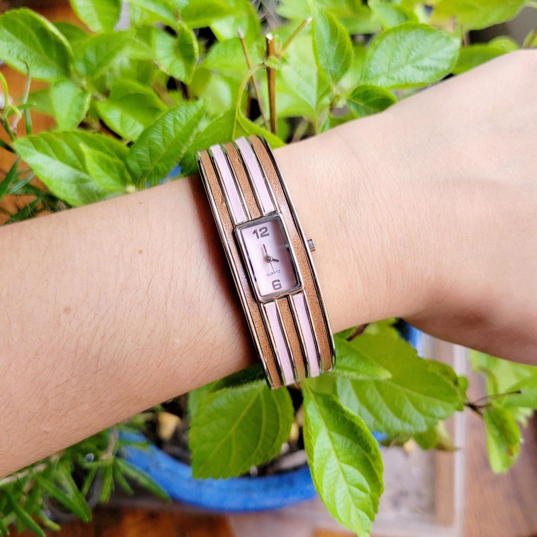 Classic Pink Purple Retro Striped Quartz Womens Womans Cuff Watch ✨ What if time became a couture jewel? ? From iconic  main image 2
