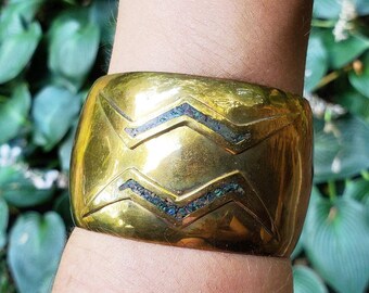 RARE* Vintage Handmade Designer Celia Harms Brass Inlaid Stone Lightning Bolt Cuff Bracelet