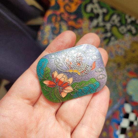 Vintage Cloisonne Butterfly Floral Scarf Clip - Etsy display picture 1