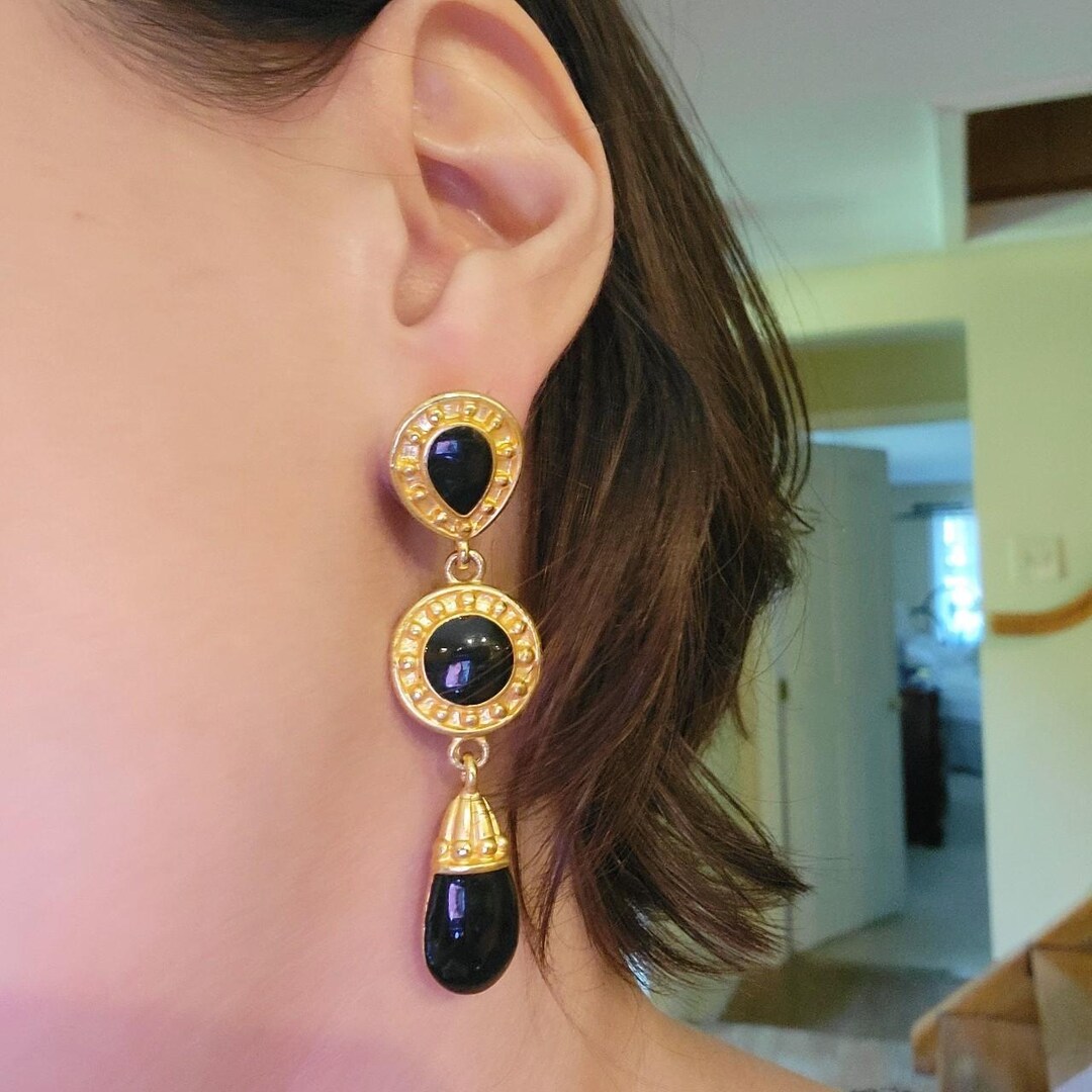 Anna Drop Vintage Gold Earrings in Black Pyrite main image 0