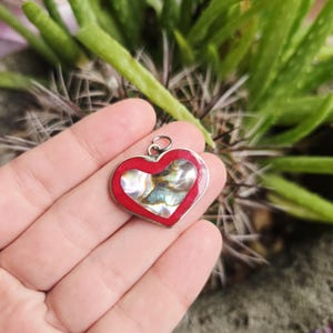 Handmade Bohemian Alpaca Silver Mexican Red Heart Enamel Abalone Shell Pendant