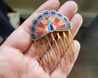 Vintage Peacock Cloisonné Hair Combs Vintage Metal Enamel Cloisonné Peacock Decorative Multicolor  main image 3