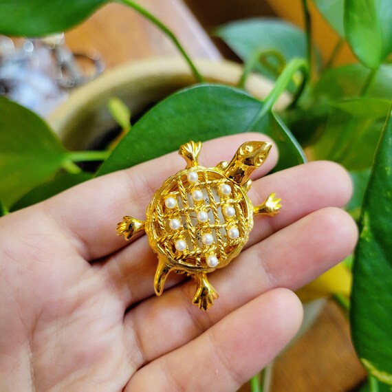 Vintage Joan Rivers Classic Quartz Turtle Faux Pearl Watch Brooch Pin Vintage signed Joan Rivers lucky watch charm bracelet of  main image 2