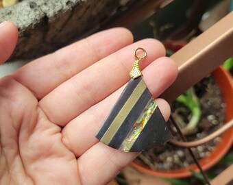 Vintage Abalone Black & Gold Modern Bohemian Triangle Pendant