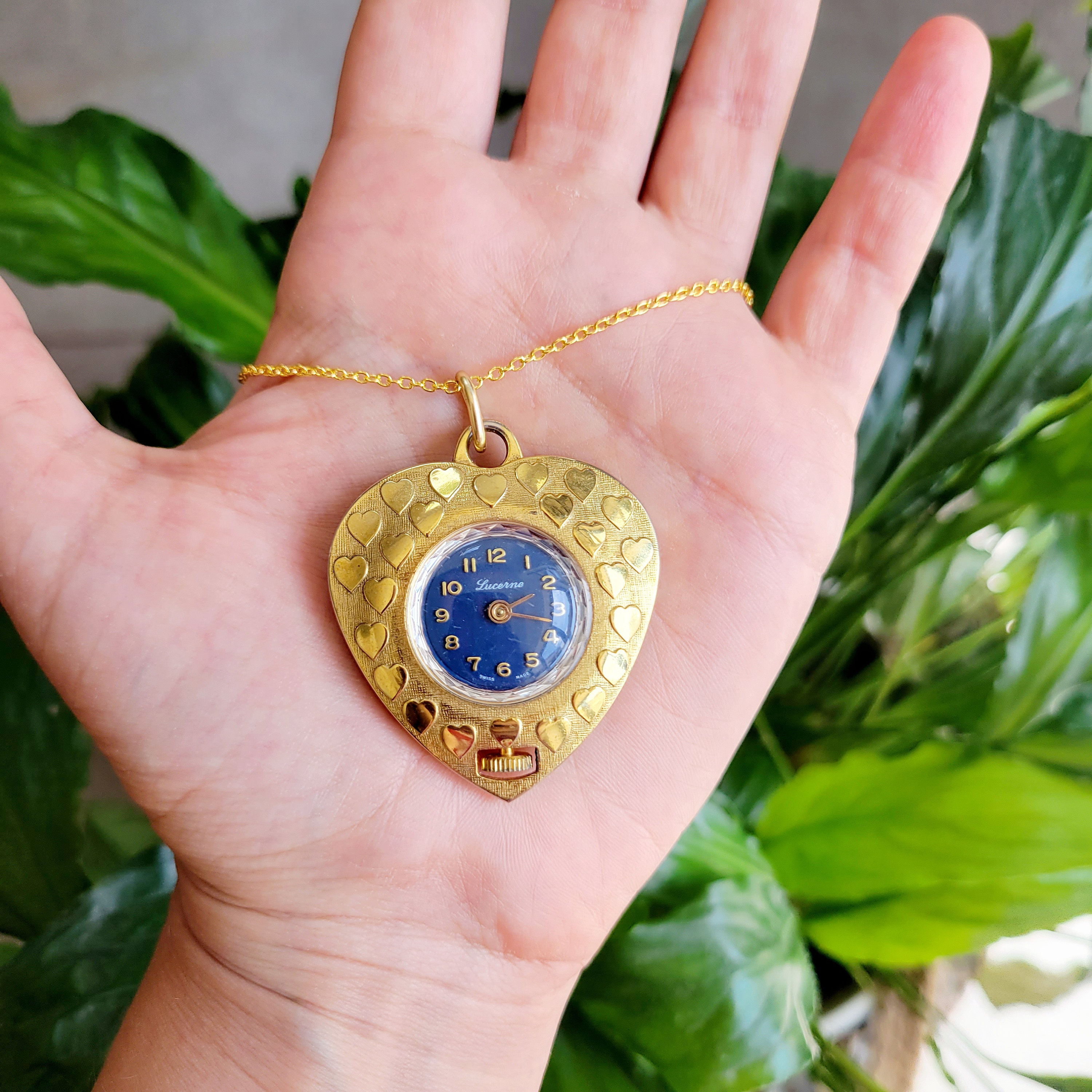 Vintage Lucerne Wind Up Watch Pendant , Blue Enamel With Gold detail, Swiss  Made