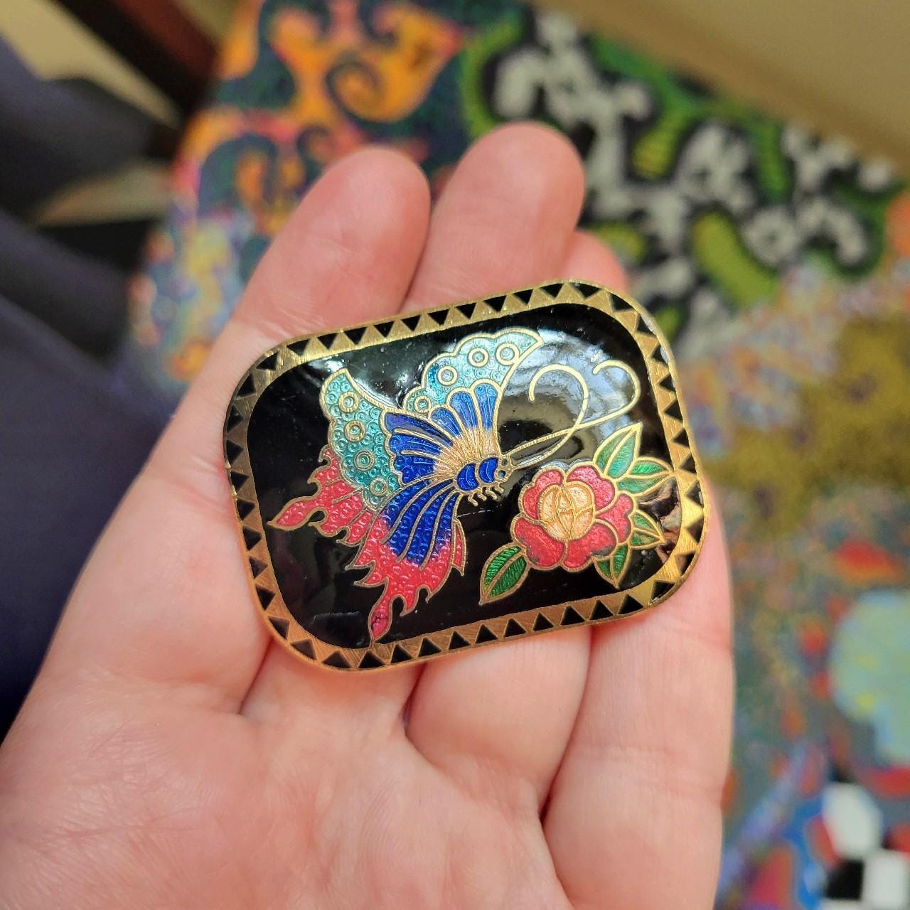 Vintage Ornate Butterfly Floral Enamel Cloisonne Belt Clip Buckle Vintage enamel butterfly belt buckle | Used - Good | NZ  main image 3