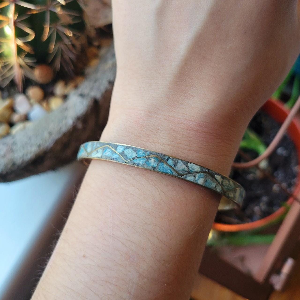 Vintage Inlaid Turquoise Mosaic Dainty Brass Indian Bangle