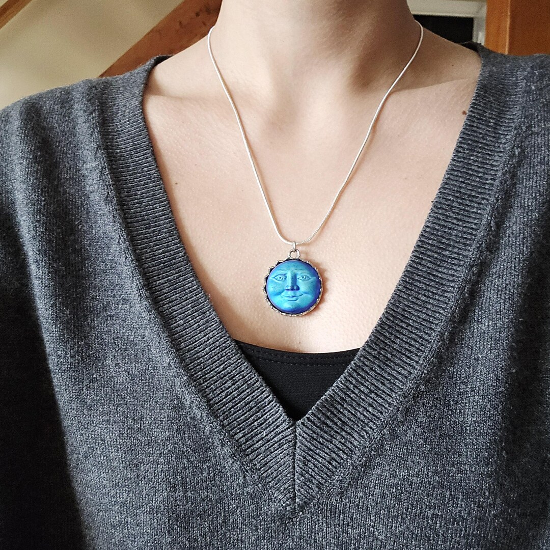 Vintage Silver Moon Sun Face Irridescent Pendant Necklace - Etsy