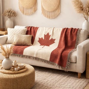 Vintage Style Canadian Flag Woven Throw Blanket | Canada Maple Leaf Red Rustic Farmhouse Nationality Country Heritage Heirloom Tapestry