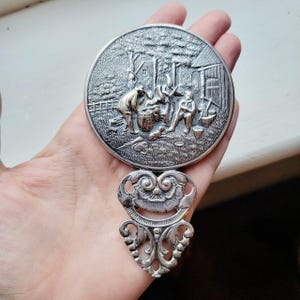Vintage Hans Jensen 4.3&quot; Ornate Silver Plated Danish Hand Mirror