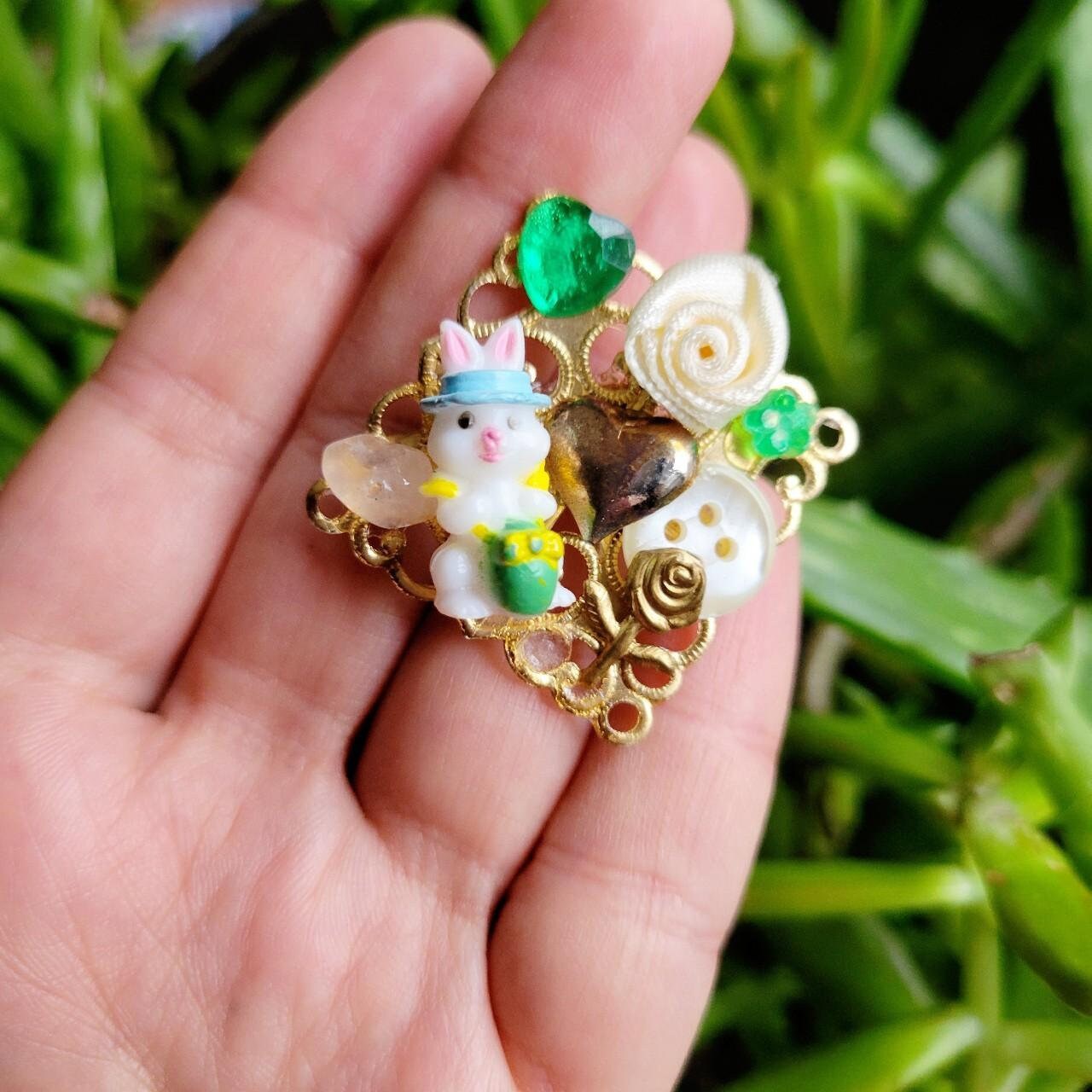 Vintage Easter Bunny Bejeweled Button Brooch Pin - Etsy