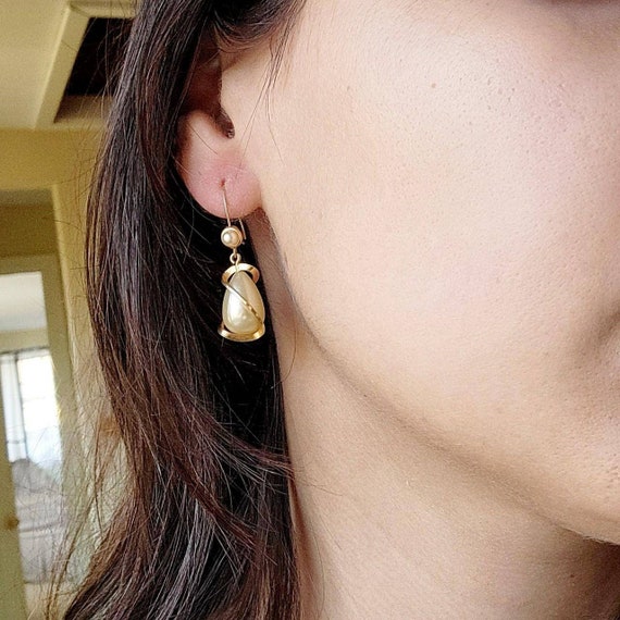 Vintage Gold Spiral Faux Pearl Hook Earrings - image 3