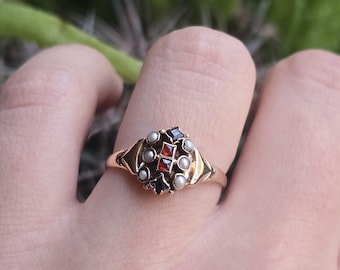 Antique 10K Art Nouveau Solid Gold Garnet, Sapphire & Seed Pearl Ornate Fleur de Lis Ring, size 6