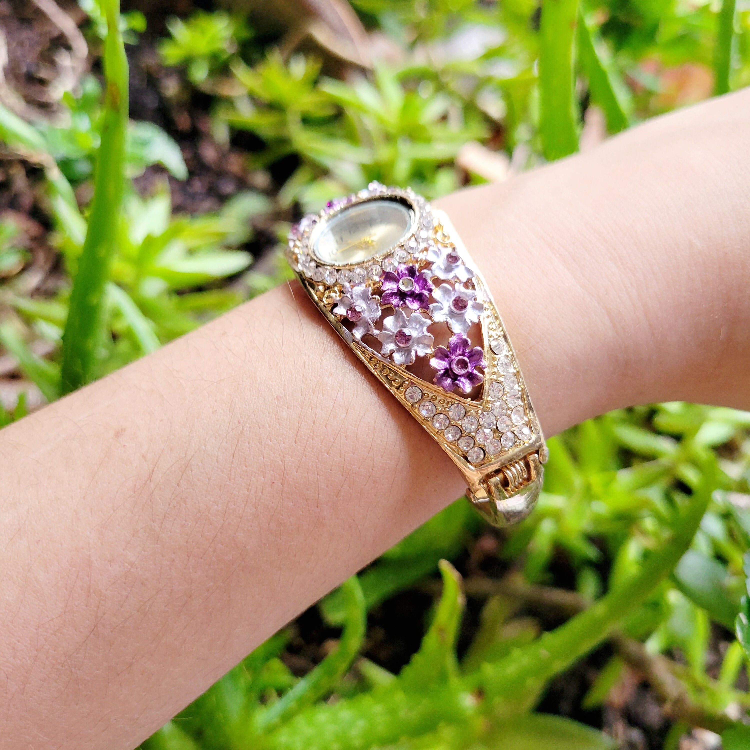 Beautiful Floral citrus, rhinestone cuff style bracelet watch. Floral Cuff Watch - Etsy main image 2
