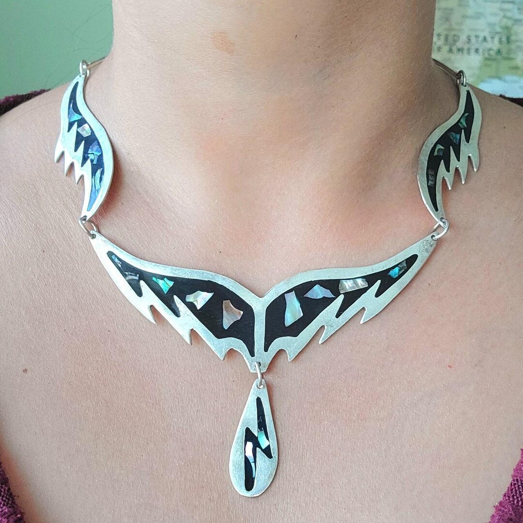 Vintage Mexican Alpaca Silver Abalone Shell Ornate Bib Necklace Etsy Canada