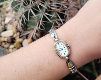 Vintage Timex Silver & Blue Oval Cushion Dainty Stretch Watch