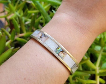 Vintage 1970s Silver & Inlaid Abalone Mother of Pearl Bracelet