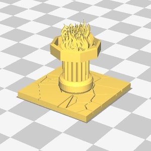 May include: A golden-yellow model of a torch with flames. The torch features a hexagonal top with flames, a cylindrical column, and a square base with a cracked pattern. The background is a checkered pattern.