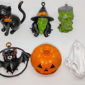 Set of 6 Hand-Painted Halloween Ornaments – 3D Printed – Witch, Frankenstein, Ghost, Black Cat, Jack-o-Lantern, Vampire Bat