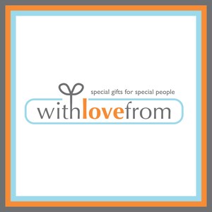 May include: A light blue rectangle with a white border and the text "with love from" in black and orange. Above the rectangle is a small black drawing of a bow. The text "special gifts for special people" is in black above the rectangle.