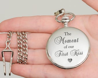 Personalised Wedding Pocket Watch, The Moment Of Our First Kiss Pocket Watch, Our First Kiss