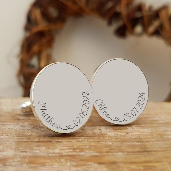 Engraved Names and Dates Cufflinks, Personalised Names and Dates Cufflinks, Children's Names Cufflinks, Daddy Gift, Daddy Cufflinks