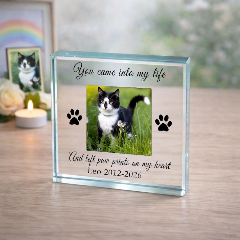 Bespoke Pet Memorial Gift, Pet Memory Gift, Dog Memorial Gift, Personalised Photo Cat Gift, Left Paw Prints On Our Hearts Glass Token image 3
