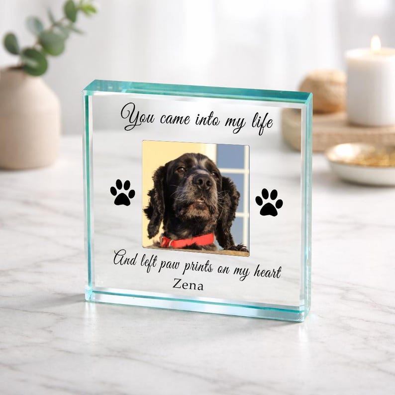 Bespoke Pet Memorial Gift, Pet Memory Gift, Dog Memorial Gift, Personalised Photo Cat Gift, Left Paw Prints On Our Hearts Glass Token My Life/My Heart