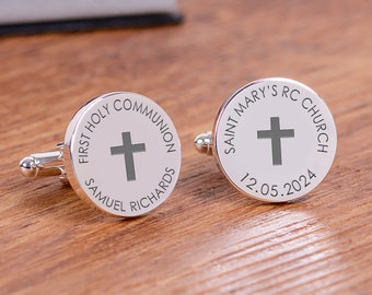 Personalised First Holy Communion Cufflinks, First Holy Communion and Location Cufflinks, Holy Communion Gift,Round Holy Communion Cufflinks