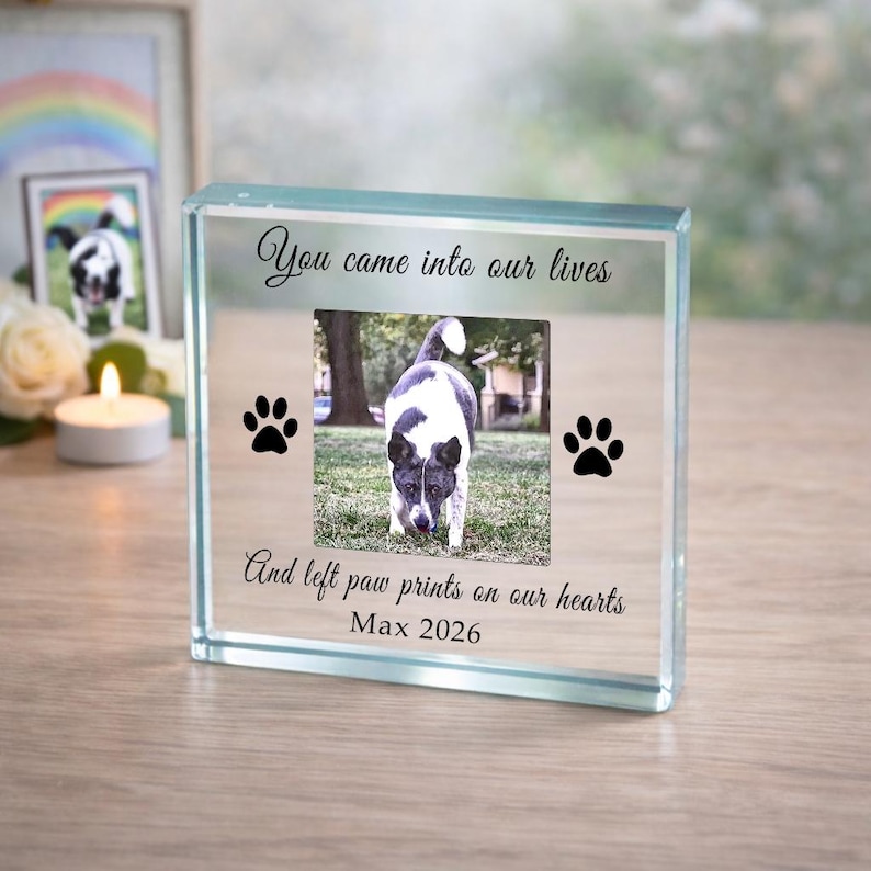 Bespoke Pet Memorial Gift, Pet Memory Gift, Dog Memorial Gift, Personalised Photo Cat Gift, Left Paw Prints On Our Hearts Glass Token image 2