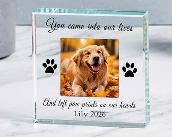 Bespoke Pet Memorial Gift, Pet Memory Gift, Dog Memorial Gift, Personalised Photo Cat Gift, Left Paw Prints On Our Hearts Glass Token