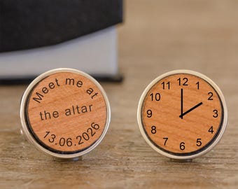 Meet Me At The Altar Cufflinks, Wedding Time Cufflinks, Gift For Groom, Cufflinks For Groom, Wooden Wedding Cufflinks, Wood Round Cufflinks