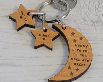 Mummy Love You To The Moon Key Ring, Any Family Member Moon & Stars Wood Keyring, Daddy Love You To The Moon And Back Engraved Wood Keyring