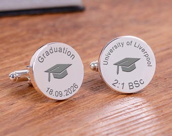 Graduation Cufflinks, Round Graduation Cufflinks, Personalised Degree Cufflinks, Cufflinks for New Graduate, University Cufflinks