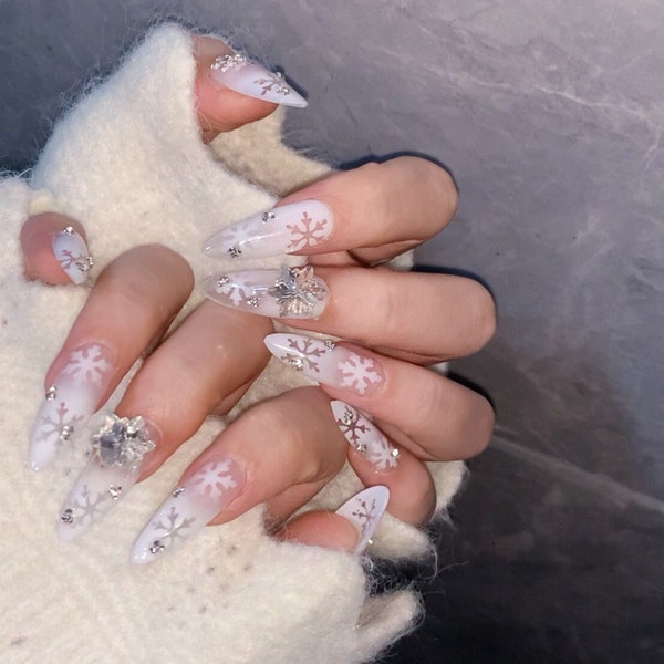 Snowflake Gemstone Press On Nails | Winter Sheer White Nails | Icy White Snowflake Jewels |  Snowy Nails With Crystals | Handmade Gel Nails