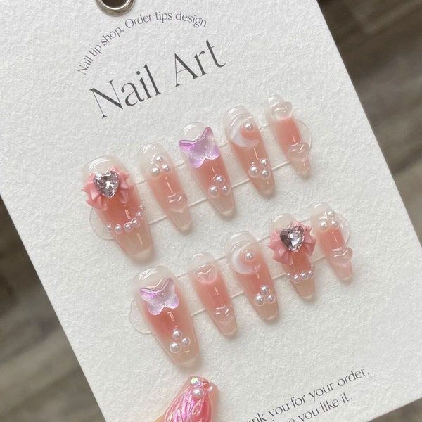 Coral Pink Ombre Jelly Press On Nails | Orange Blush Pearl Gel Nails | Pink Sunset Butterfly Bow Nails | Faux Acrylic Handmade Nail Art