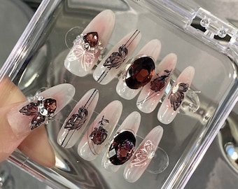 Sheer Pink Blush Jelly Rose Butterfly Nails | Milky White Base With Deep Maroon Charms Nails | Abstract Gothic Faux Acrylic Nails