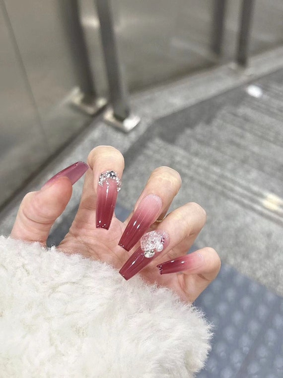 Red Ombre Jelly Elegant Nails Big Crystal Gem Stone Korean Nail Art Trendy Handmade Gel French Tip Nails Bling Instagram Tiktok Etsy Canada