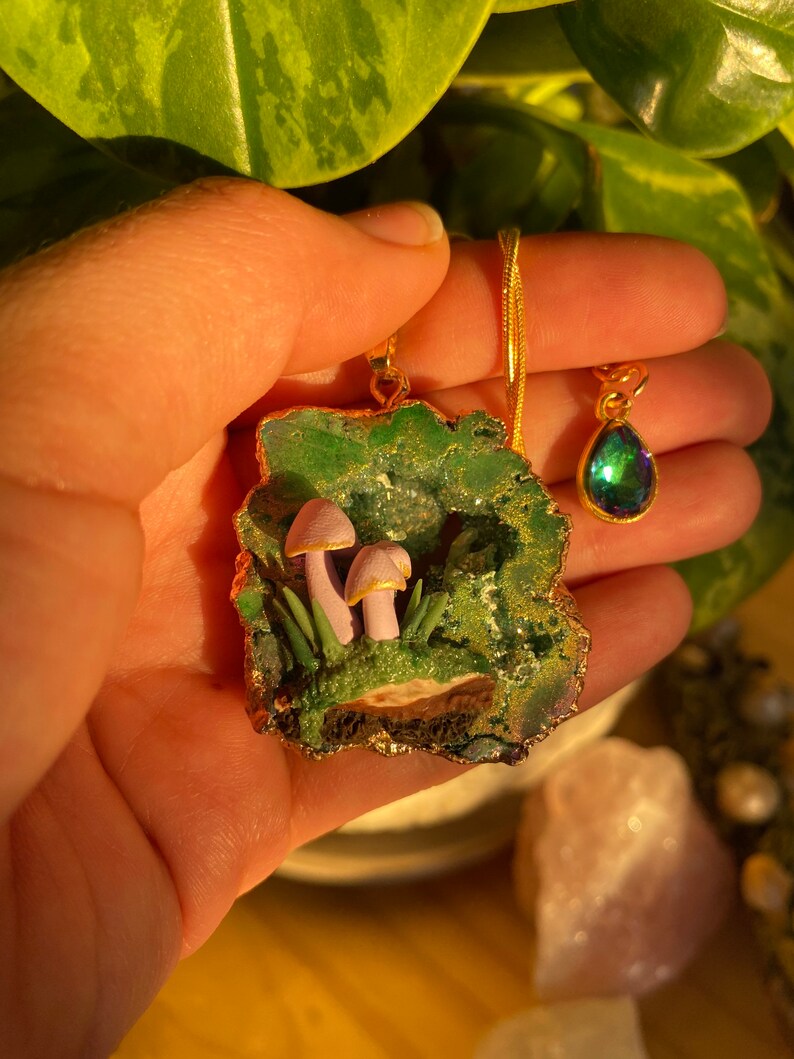 Amethyst Mushroom Green Purple Druzy Agate Terrarium Necklace