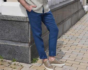 Mens Linen Pants: Blue Slim Fit Trousers, Drawstring Waist, Summer Casual Wear