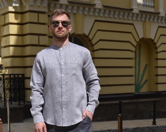 Camisa de lino violeta para hombre: manga larga, cuello alto, estilo casual para vacaciones.