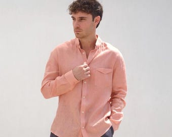 Camisa de lino para hombre: Lino de manga larga color coral melocotón, estilo vacacional, ropa informal.