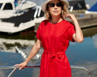 Linen Dress: Red Linen Midi Dress, Loose Summer Clothing, Minimalist Casual Outfit Women