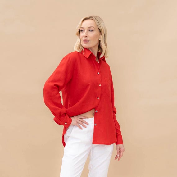 ladies red dress shirt Solid Button Down Shirts ~ 1 X-Large It comes with seven woodtone buttons on the front for a polished look Super Soft Wrinkle Free Button
